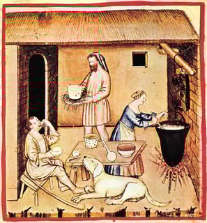 Preparing and serving cheese; Tacuinum Sanitatis, 14th century