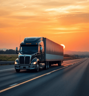 a semi truck with a reefer driving down a highway at sunset