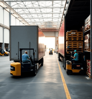 a man using a forklift to load dry vans and reefers in a warehouse