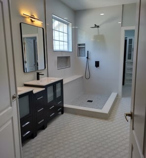 a bathroom with a shower and a shower