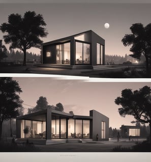 A modern, multi-level building with a geometric design features illuminated wooden panels and large recessed areas holding greenery. The lights cast strong shadows, creating an intriguing play of light and dark against the night sky. Trees in planters are placed around the structure, adding a natural element to the urban setting.