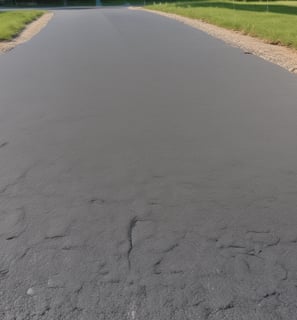 Cracked asphalt pavement with visible underlying stones and gravel. A small patch of green vegetation emerges through the cracks. The surface has a rough, uneven texture with varying shades of gray.