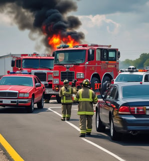 Two firefighters in full gear are actively extinguishing a fire using a hose, with flames and smoke visible around them. They are wearing helmets and breathing apparatus, working in close coordination to control the blaze.