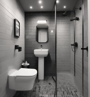 A geometric pattern consisting of vertical rectangular tiles arranged in an offset layout covers the wall, creating a minimalist and modern appearance. The floor features large, square gray tiles laid out in a grid pattern, complementing the wall's design.