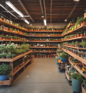 A well-organized interior of a retail store featuring neatly arranged shelves filled with various home goods and products. The aisle is wide, with wooden display tables showcasing white containers and decorative green plants. Ceiling lights provide ample illumination, and the store has a contemporary, clean design.