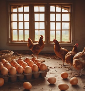 chickens and eggs in a basket on a table