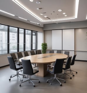 A modern office space featuring a wooden desk with a large monitor and a sleek computer setup. An orange upholstered chair is positioned in front of the desk. There is soft lighting and a window with horizontal blinds, casting a warm ambiance.