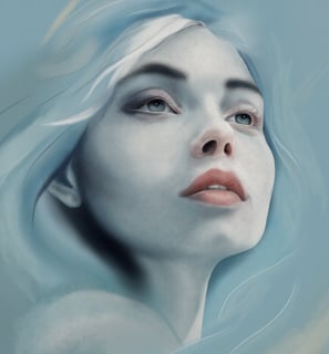 a woman with a blue eyes and a white hair