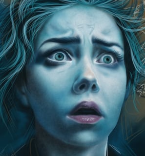 a frightened woman with blue hair and blue eyes