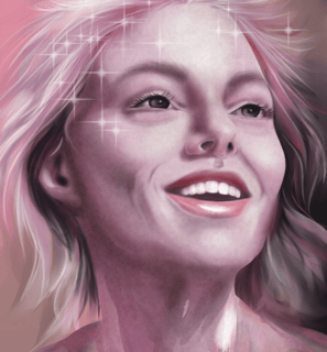 a joyful woman with blonde hair and a pink shirt