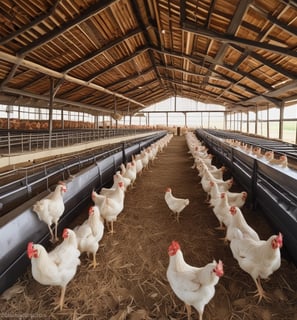 White chickens are gathered around a large bowl filled with feed. The setting includes bags with the words 'JAPFA GROUP OF COMPANIES' in the background. A metal scoop is resting on top of the pile of feed.