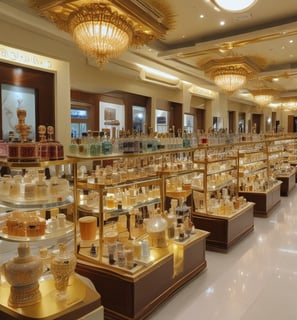 An elegantly arranged display of luxury fragrance items, featuring a large bottle of perfume with a black cap, a matching rectangular box, and a smaller box. The items are adorned with a golden chain draped artfully around them, set against a contrasting background with a patch of black fabric.