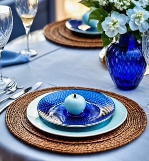 <img src="mesa posta com sousplat de rattan, louças azul e branco e taças de cristal""