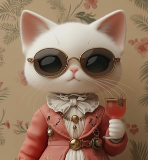 a white cat with sunglasses and a pink jacket