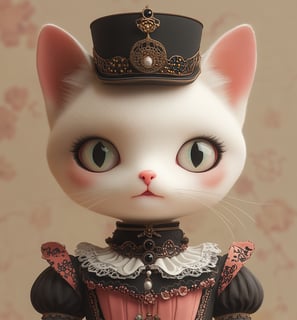 a white cat with a black hat and a pink dress