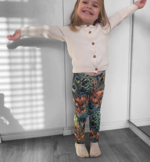 a little girl standing in a room with her arms outstretched out wearing peacock print leggings