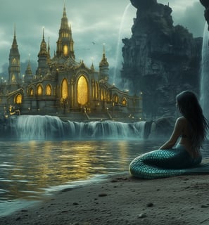 Mermaid sitting on the shoreline looking at an ancient glowing castle at dawn