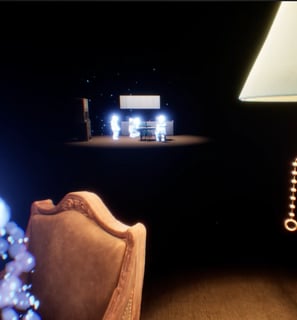 Coded Black gameplay screenshot showing a glowing figure on a chair and a glowing family sat in a kitchen in the background.