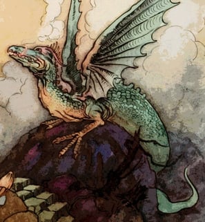 a watercolor illustration of a dragon crouched on a rock