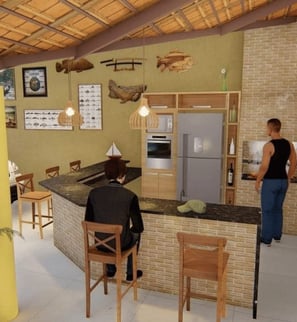 Forno a lenha e churrasqueira de tijolos refratários, ideais para pizzas e assados.