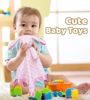 Soft pink bunny security blanket with a plush head, designed for infants and toddlers