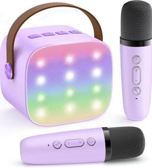 YLL Mini Kids Karaoke Machine in purple with 2 wireless microphones, Bluetooth connectivity, LED