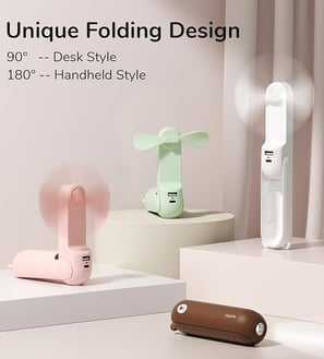 JISULIFE Handheld Mini Fan in pink – a compact, 3-in-1 portable fan with a power bank and flashlight