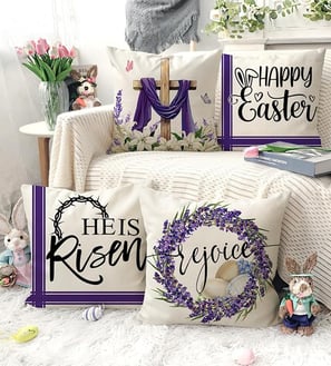 A set of 4 Easter-themed throw pillow covers featuring spring farmhouse designs in shades of purple