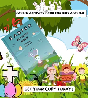 A fun and educational Easter activity book for kids aged 3-8, featuring puzzles, coloring pages
