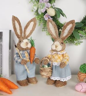 Set of 2 rustic straw bunny figurines, dressed in charming pastel outfits, perfect for Easter