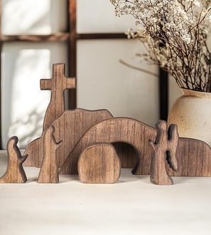 NEROSUN Wooden Easter Resurrection Scene – Empty Tomb and Cross Christian Decor, 7-Piece Set