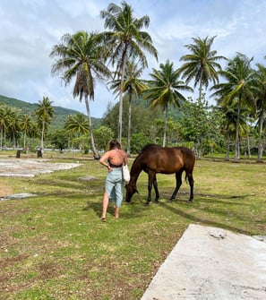 Manon with a horse near palm trees on the island of Huahine, French Polynesia.