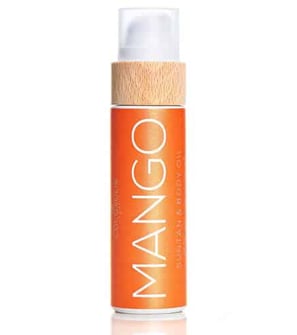 Mango organiškas įdegio aliejus .Oranžinis buteliukas su mediniu kamšteliu