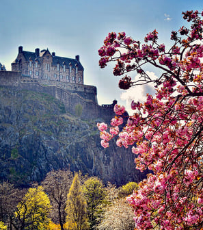 Château d'Edimbourg depuis Princes Street et ses arbres fleuris