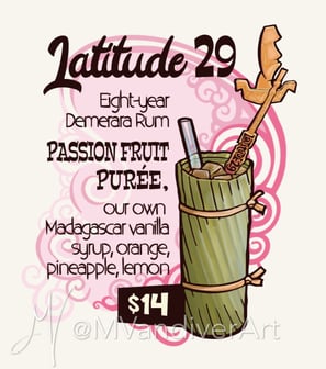 Illustrations from the menu for Beachbum Berry's Latitude 29 by New Orleans artist Melissa Vandiver.