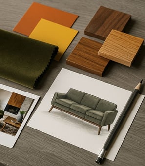 Mood board for custom Mid-Century sofa including sketches, fabrics, and color samples