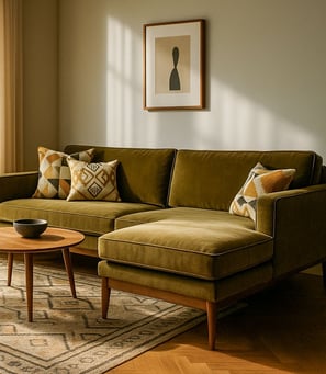 Sunlit Mid-Century living room with mustard sofa chaise, walnut furniture, geometric pillows, abstract art, and large windows