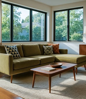 Mid-Century Modern living room with mustard sofa, chaise, walnut furniture, and large sunlit windows