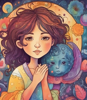 A doll with long blonde hair is dressed in a purple and pink dress with intricate white patterns. It is positioned in front of a blurred background featuring a roof and some foliage, all under a bright blue sky.