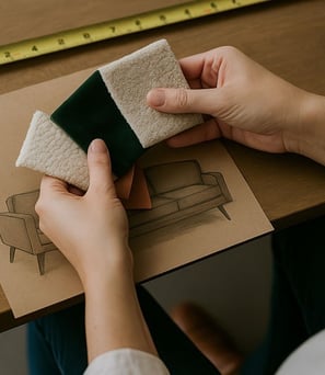 Hands holding fabric swatches over a sofa sketch with wood samples and a Polaroid of a mid-century chair.