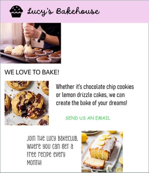 Mockup of a website for Lucy's Bakehouse with inconsistent formatting, colours and fonts
