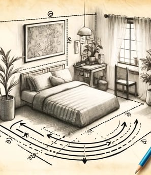 hand drawn sketch diagram showing the flow of Chi, or energy, in a bedroom