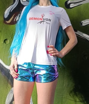 A vegan athlete with blue cyberpunk shorts