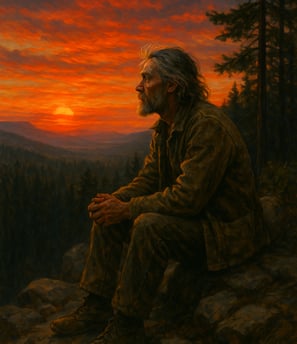 a painting of a man sitting on a rock