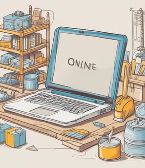 A laptop displaying a webpage with the text 'I design and develop experiences that make people's lives simple.' is placed on a wooden table. It is set in an outdoor seating area with white furniture and greenery in the background. The setting appears to be calm and conducive to work or relaxation.