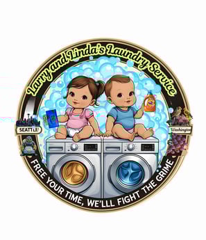 a coin - shaped coin with a baby and a baby the logo for Larry & Linda's Laundry Service