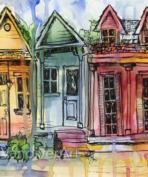 A watercolor & ink piece of New Orleans shotgun houses, by New Orleans artist Melissa Vandiver