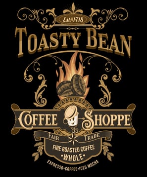 Vintage coffee shop logo with fire-roasted beans and ornate gold flourishes.
