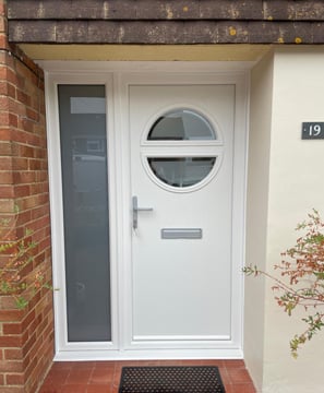 secure front door white Frame and side panel with modern glass