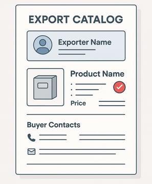 Digital illustration of an export catalog layout showing exporter name, product image, specifications, pricing, certification